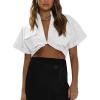 imageImily Bela Womens Cropped Shirts Summer V Neck Twist Front Tops Blouses with PocketsWhite