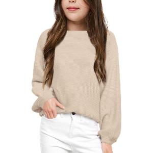 imageGirls Pullover Sweaters Kids Long Sleeve Drop Shoulder Sweaters Casual Boat Neck Knit Jumper TopsApricot