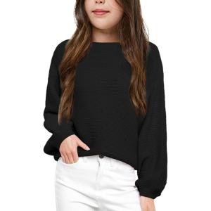 imageGirls Pullover Sweaters Kids Long Sleeve Drop Shoulder Sweaters Casual Boat Neck Knit Jumper TopsBlack
