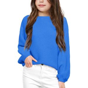 imageGirls Pullover Sweaters Kids Long Sleeve Drop Shoulder Sweaters Casual Boat Neck Knit Jumper TopsBright Blue