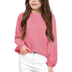 imageGirls Pullover Sweaters Kids Long Sleeve Drop Shoulder Sweaters Casual Boat Neck Knit Jumper TopsBright Pink