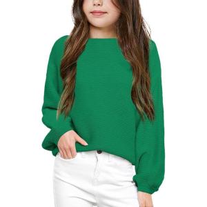 imageGirls Pullover Sweaters Kids Long Sleeve Drop Shoulder Sweaters Casual Boat Neck Knit Jumper TopsDark Green