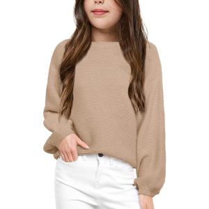 imageGirls Pullover Sweaters Kids Long Sleeve Drop Shoulder Sweaters Casual Boat Neck Knit Jumper TopsKhaki