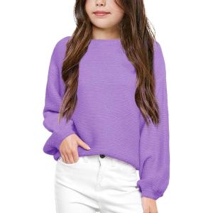 imageGirls Pullover Sweaters Kids Long Sleeve Drop Shoulder Sweaters Casual Boat Neck Knit Jumper TopsPurple