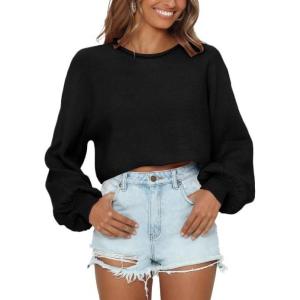 imageImily Bela Cropped Sweaters for Women Lantern Long Sleeve Crop Top Slouchy Trendy Loose Crewneck Pullover SweaterBlack