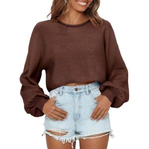 imageImily Bela Cropped Sweaters for Women Lantern Long Sleeve Crop Top Slouchy Trendy Loose Crewneck Pullover SweaterBrown