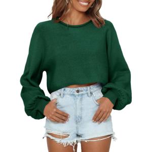 imageImily Bela Cropped Sweaters for Women Lantern Long Sleeve Crop Top Slouchy Trendy Loose Crewneck Pullover SweaterGreen