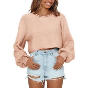 imageImily Bela Cropped Sweaters for Women Lantern Long Sleeve Crop Top Slouchy Trendy Loose Crewneck Pullover SweaterKhaki