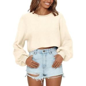 imageImily Bela Cropped Sweaters for Women Lantern Long Sleeve Crop Top Slouchy Trendy Loose Crewneck Pullover SweaterOffwhite