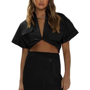 imageImily Bela Womens Cropped Shirts Summer V Neck Twist Front Tops Blouses with PocketsBlack