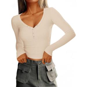 imageImily Bela Womens Long Sleeve Shirts V Neck Slim Fitted Henley Tops 2025 Ribbed Knit Casual Trendy Going Out Crop TopsApricot