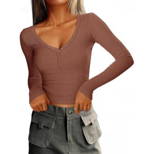 imageImily Bela Womens Long Sleeve Shirts V Neck Slim Fitted Henley Tops 2025 Ribbed Knit Casual Trendy Going Out Crop TopsBrown