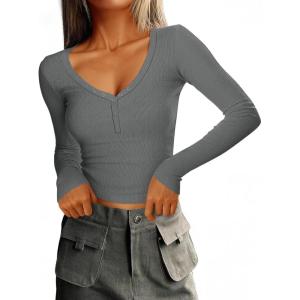 imageImily Bela Womens Long Sleeve Shirts V Neck Slim Fitted Henley Tops 2025 Ribbed Knit Casual Trendy Going Out Crop TopsDark Grey