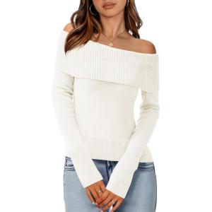 imageImily Bela Womens Off The Shoulder Sweaters Casual Long Sleeve Ribbed Knit Slim Fit Y2K Going Out Pullover TopsWhite