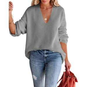 imageImily Bela Womens Oversized Deep V Neck Sweaters Sexy Long Sleeve Tunic Sweater Knitted Dressy Pullover JumperGrey