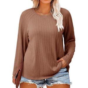 imageImily Bela Womens Plus Size Tops Casual Long Sleeve Textured Crewneck Shirts Fall Loose Tunic TopBrown