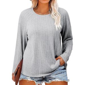 imageImily Bela Womens Plus Size Tops Casual Long Sleeve Textured Crewneck Shirts Fall Loose Tunic TopGrey