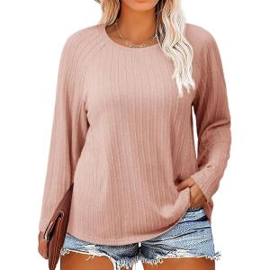 imageImily Bela Womens Plus Size Tops Casual Long Sleeve Textured Crewneck Shirts Fall Loose Tunic TopLight Pink