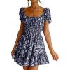 imageImily Bela Womens Summer Dress Ruffle Sleeve Sqaure Neck Smocked Sun Dress Casual Boho Beach Floral Mini DressDark Blue
