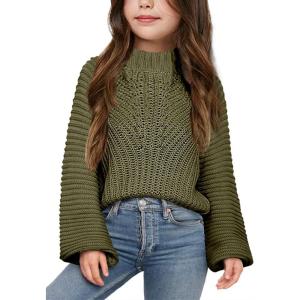 imageImily Bela Girls Sweaters Kids Casual Bell Sleeve Knit Pullover Jumper TopsArmy Green
