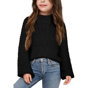imageImily Bela Girls Sweaters Kids Casual Bell Sleeve Knit Pullover Jumper TopsBlack