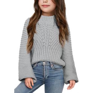imageImily Bela Girls Sweaters Kids Casual Bell Sleeve Knit Pullover Jumper TopsGrey