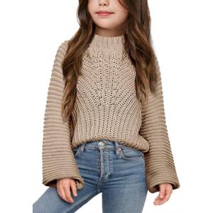 imageImily Bela Girls Sweaters Kids Casual Bell Sleeve Knit Pullover Jumper TopsKhaki