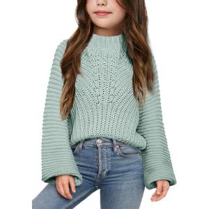 imageImily Bela Girls Sweaters Kids Casual Bell Sleeve Knit Pullover Jumper TopsMint Green