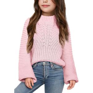 imageImily Bela Girls Sweaters Kids Casual Bell Sleeve Knit Pullover Jumper TopsPink
