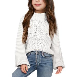 imageImily Bela Girls Sweaters Kids Casual Bell Sleeve Knit Pullover Jumper TopsWhite