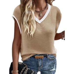 imageImily Bela Summer Cap Sleeve Sweater Vest for Women Casual V Neck Sleeveless Knit Pullover Tank Tops 2025 Spring ShirtsKhaki