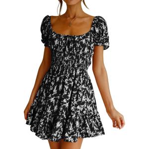 imageImily Bela Womens Summer Dress Ruffle Sleeve Sqaure Neck Smocked Sun Dress Casual Boho Beach Floral Mini DressBlack