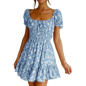 imageImily Bela Womens Summer Dress Ruffle Sleeve Sqaure Neck Smocked Sun Dress Casual Boho Beach Floral Mini DressBlue