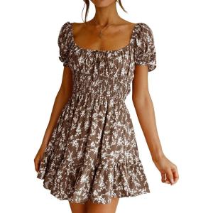 imageImily Bela Womens Summer Dress Ruffle Sleeve Sqaure Neck Smocked Sun Dress Casual Boho Beach Floral Mini DressCoffee
