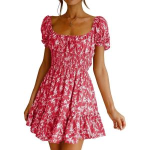 imageImily Bela Womens Summer Dress Ruffle Sleeve Sqaure Neck Smocked Sun Dress Casual Boho Beach Floral Mini DressCrimson