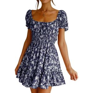 imageImily Bela Womens Summer Dress Ruffle Sleeve Sqaure Neck Smocked Sun Dress Casual Boho Beach Floral Mini DressDark Blue