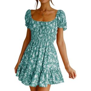 imageImily Bela Womens Summer Dress Ruffle Sleeve Sqaure Neck Smocked Sun Dress Casual Boho Beach Floral Mini DressDark Green