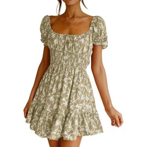 imageImily Bela Womens Summer Dress Ruffle Sleeve Sqaure Neck Smocked Sun Dress Casual Boho Beach Floral Mini DressLight Green