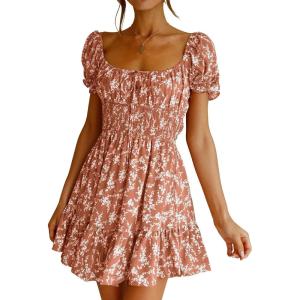 imageImily Bela Womens Summer Dress Ruffle Sleeve Sqaure Neck Smocked Sun Dress Casual Boho Beach Floral Mini DressPink