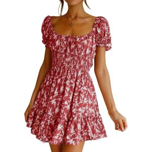 imageImily Bela Womens Summer Dress Ruffle Sleeve Sqaure Neck Smocked Sun Dress Casual Boho Beach Floral Mini DressRed