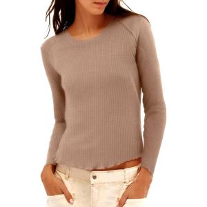 imageImily Bela Womens Waffle Knit Long Sleeve TShirts Slim Fit Crew Neck Basic Tee 2025 Trendy Spring Summer TopsKhaki