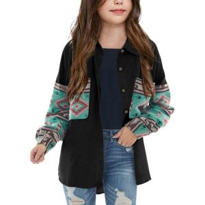 imageImily Bela Girls Aztec Print Corduroy Jacket Fall Button Down Long Sleeve Shirt Overszied ShacketBlack
