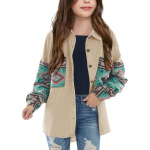 imageImily Bela Girls Aztec Print Corduroy Jacket Fall Button Down Long Sleeve Shirt Overszied ShacketKhaki