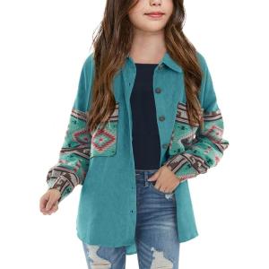 imageImily Bela Girls Aztec Print Corduroy Jacket Fall Button Down Long Sleeve Shirt Overszied ShacketLake Green