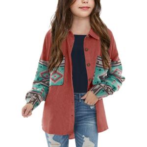 imageImily Bela Girls Aztec Print Corduroy Jacket Fall Button Down Long Sleeve Shirt Overszied ShacketRed Brick