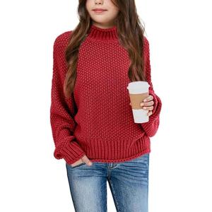 imageImily Bela Girls Turtleneck Sweaters Kids Batwing Sleeve Knit Clothes Chunky Pullover JumperAred