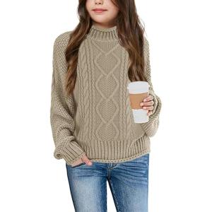 imageImily Bela Girls Turtleneck Sweaters Kids Batwing Sleeve Knit Clothes Chunky Pullover JumperZ3cable Knitkhaki