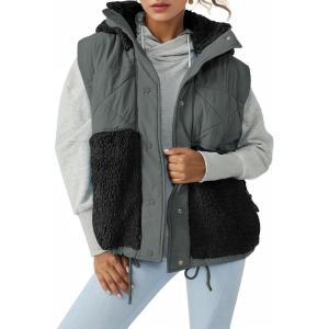 imageImily Bela Womens Winter Sherpa Fleece Vest Stand Collar Button Down Sleeveless Jacket Casual Hooded Coat OuterwearBlack