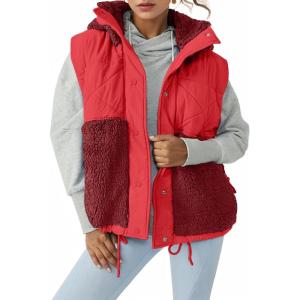 imageImily Bela Womens Winter Sherpa Fleece Vest Stand Collar Button Down Sleeveless Jacket Casual Hooded Coat OuterwearRed