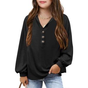 imageImily Bela Girls Button Up Hoodies Casual V Neck Long Sleeve Pullover Sweatshirts Tunic TopsBlack